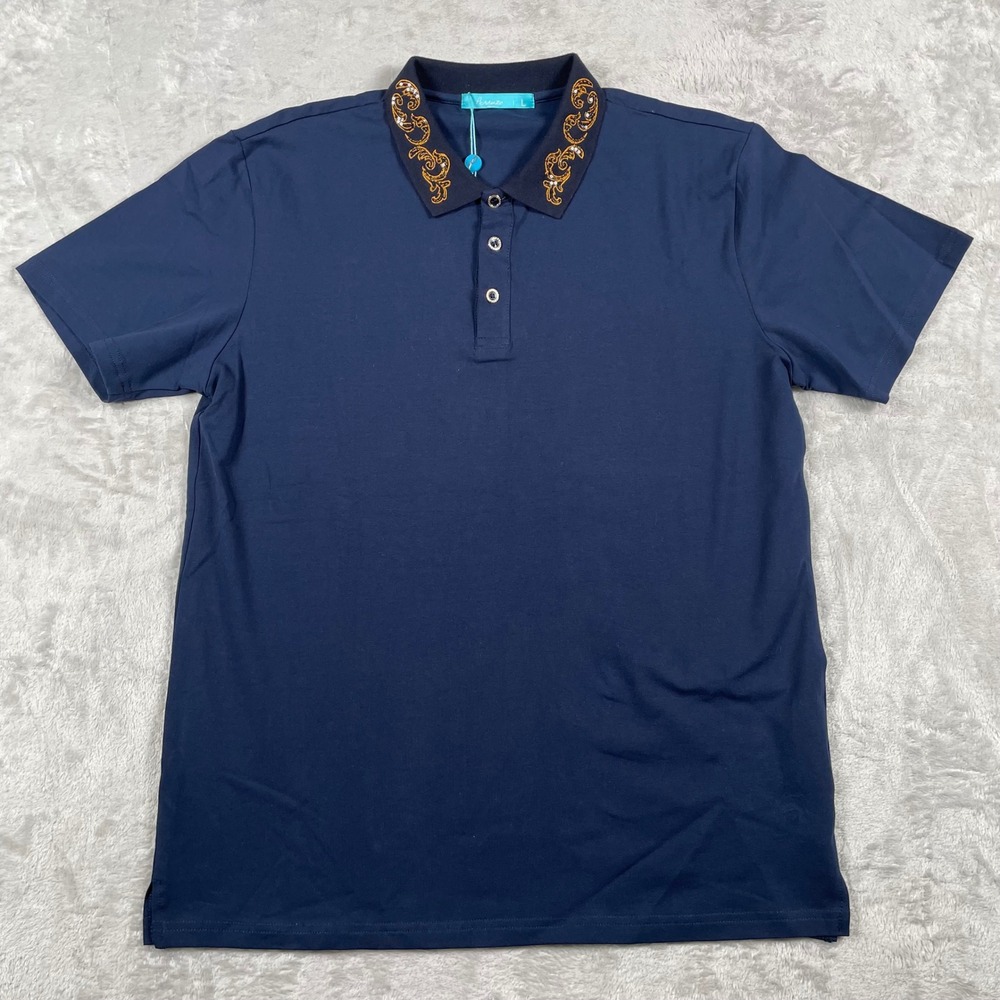 Perruzo Men's Navy Blue Stretch Polo Shirt L Embellished Collar Short Sleeve